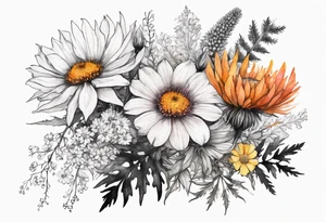 mixed wildflower cascading with thistles, ferns, burnt orange flower, white flowers, pink flowers, and yellow flowers all in watercolor tattoo idea