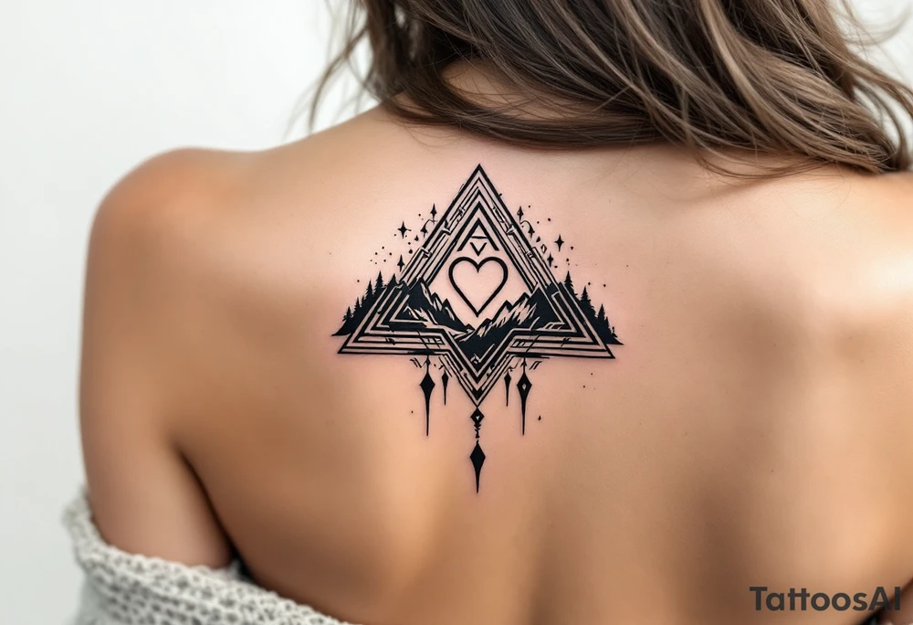 A triangle with a big heart in the cente with a mountain theme tattoo idea