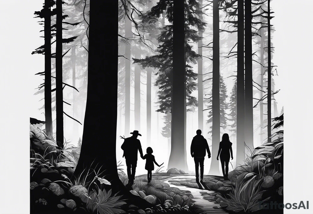 A shadow of a Man and Woman and young son and young daughter  walking through the Pacific Northwest Forrest. Crosses. tattoo idea