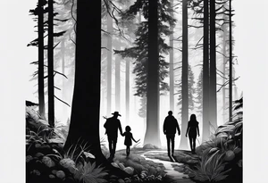 A shadow of a Man and Woman and young son and young daughter  walking through the Pacific Northwest Forrest. Crosses. tattoo idea