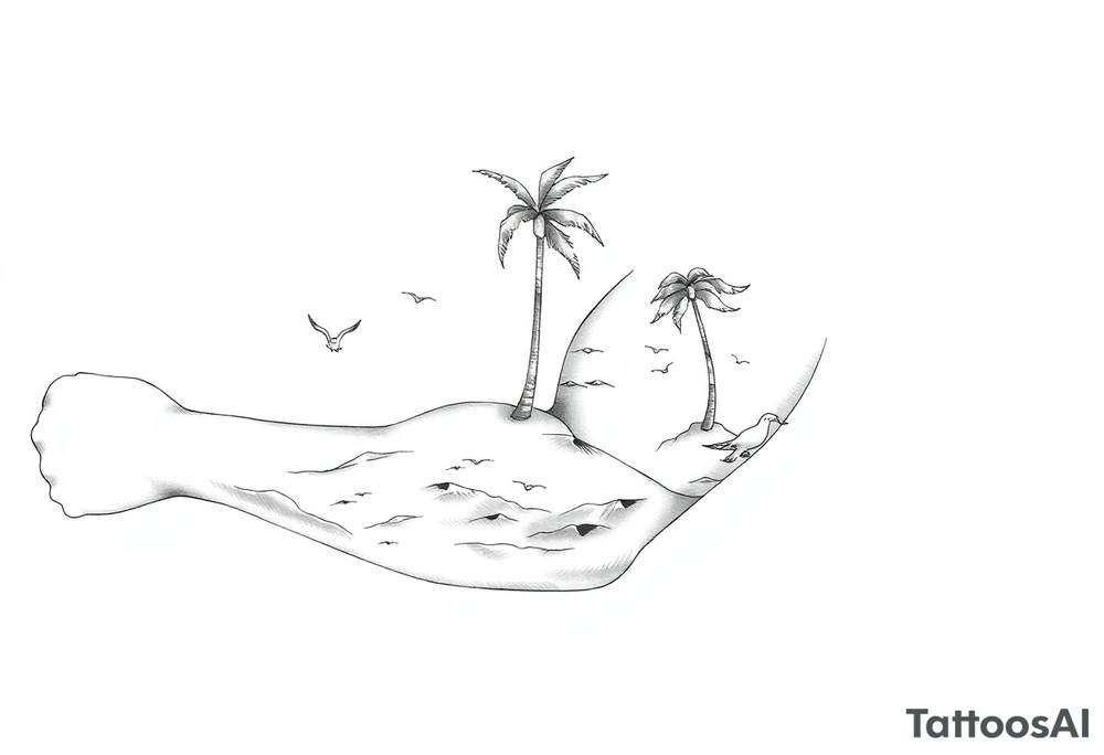 fine line, peaceful, serene, timeless, ocean, sand, palm tree, seagulls, sun tattoo idea