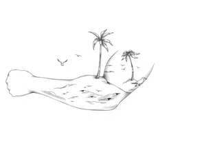 fine line, peaceful, serene, timeless, ocean, sand, palm tree, seagulls, sun tattoo idea