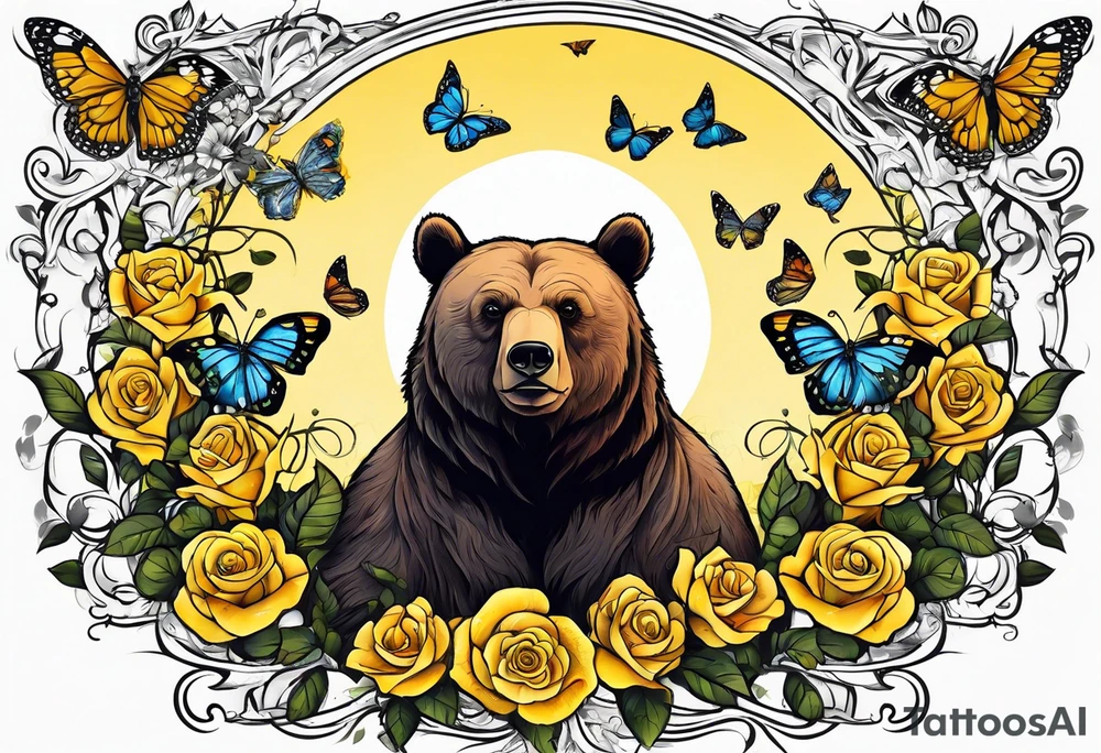 Bear under the tree of life with yellow roses and three butterflies for an upper arm tattoo. tattoo idea