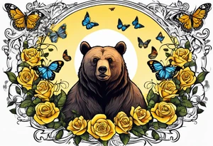 Bear under the tree of life with yellow roses and three butterflies for an upper arm tattoo. tattoo idea