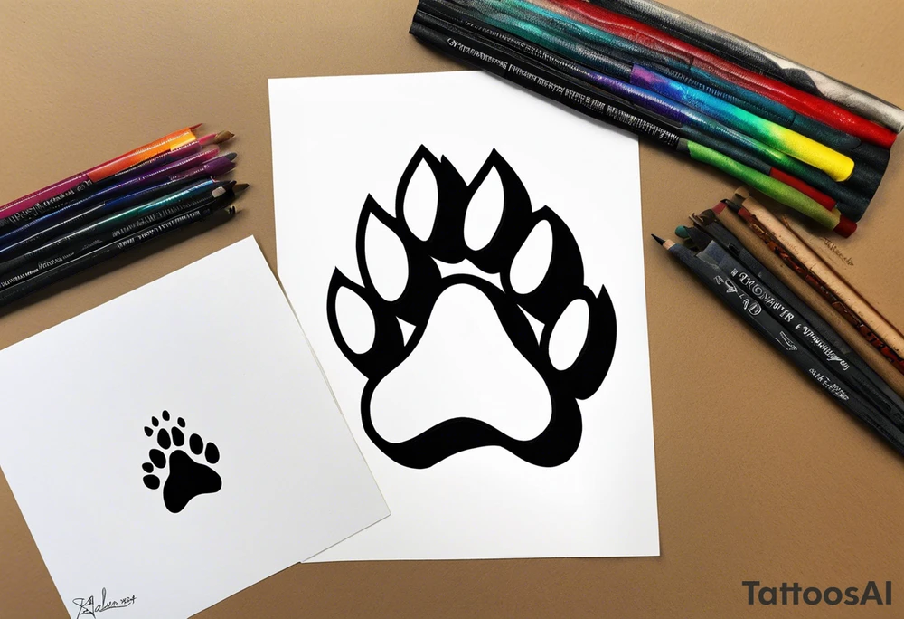Here’s the translation:

"Create a tattoo. A dog paw. Inside the dog paw, include the autism puzzle piece and the PTSD ribbon only once. Outside the paw, use a minimalist, square, and abstract style. The style of the tattoo should be minimalist, abstract, dotwork, watercolor, and fineline." tattoo idea