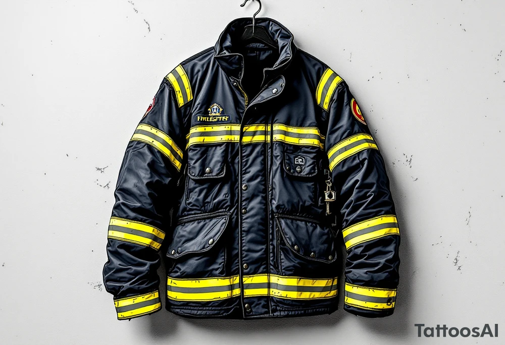 A firefighter’s turnout gear hanging on a wall, with realistic fabric textures in dark navy, contrasted by bright reflective stripes. tattoo idea