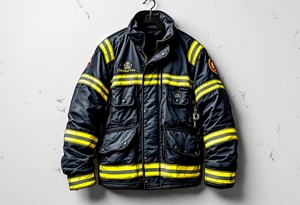 A firefighter’s turnout gear hanging on a wall, with realistic fabric textures in dark navy, contrasted by bright reflective stripes. tattoo idea