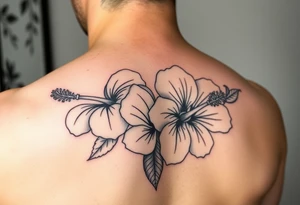 Three hibiscus flowers botanical big tattoo. FINE LINE tattoo idea