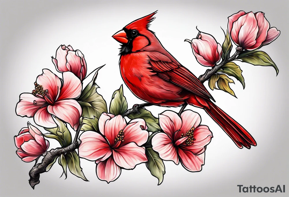 Trees, flowers, red cardinal, representing growth from grief tattoo idea
