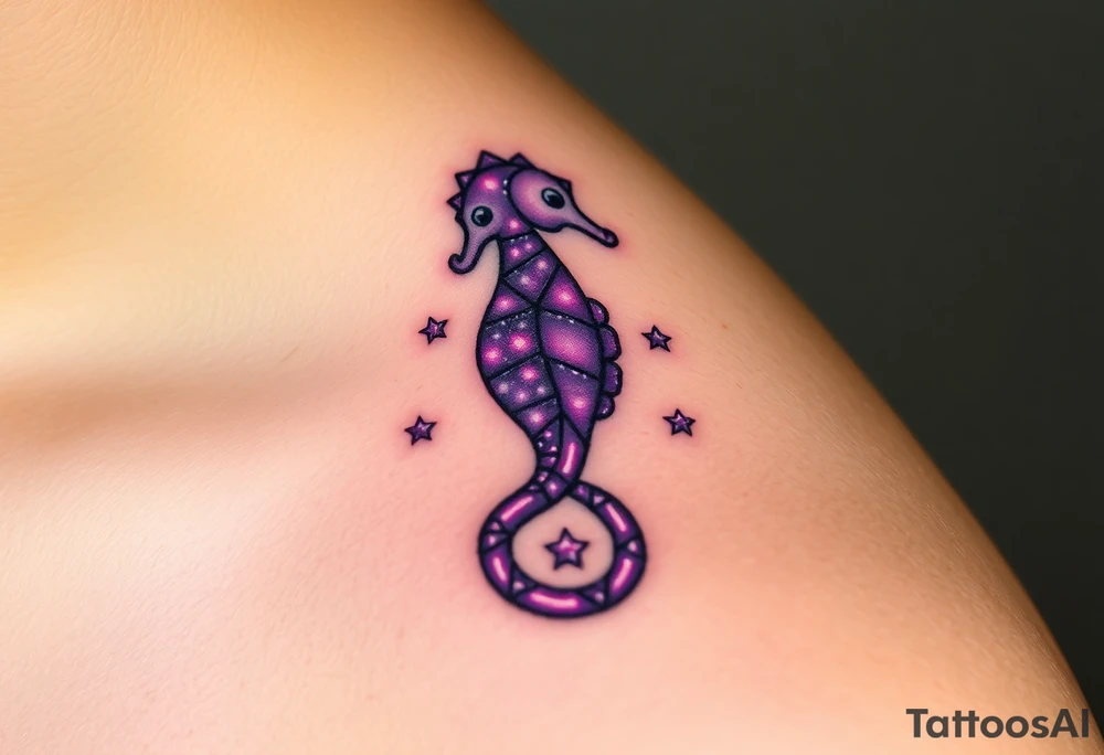 A celestial seahorse floating among the stars, its body made of constellations glowing in purples and silvers. tattoo idea
