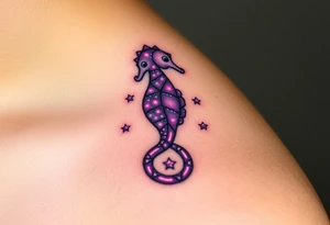 A celestial seahorse floating among the stars, its body made of constellations glowing in purples and silvers. tattoo idea