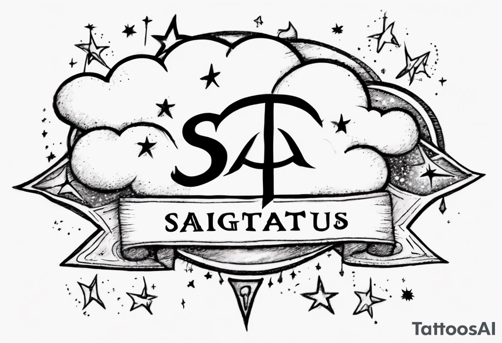 a cloud with the stars and the word sagittarius with the date 12.08.05 tattoo idea