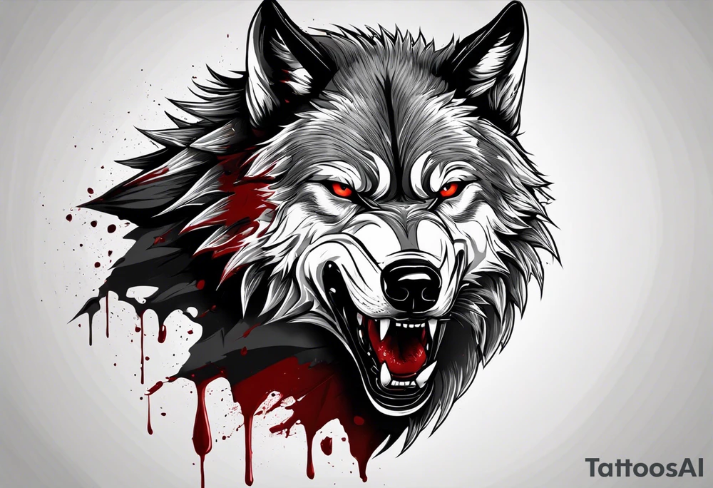 Create aggressive WOLF, with some blood coming out of his mouth and saliva. BLOOD IN THE BACKGROUND. Make it a drawing and use the image of reference. I am going to add. I want HIM TO BE ANGRY WITH RED EYES use VICIOUS WOLF THATS ANGRY tattoo idea
