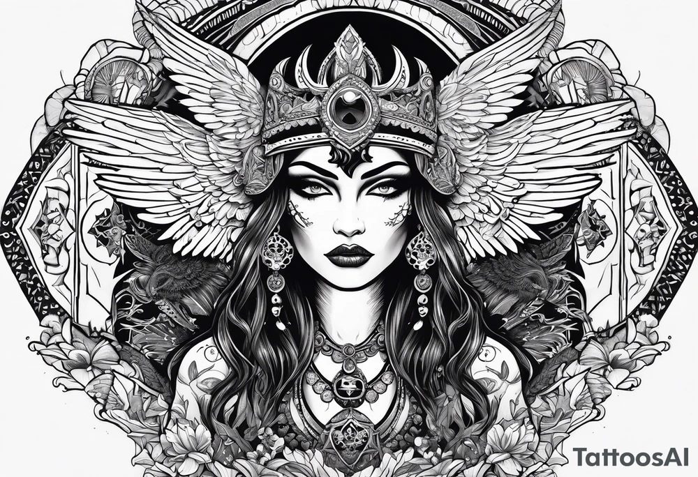 black kali, goddess pirate, alien, pachamama, valkrye, warrior, skull, lotus azul, wing, eagle, zenza resonance, stars, 5D tattoo idea