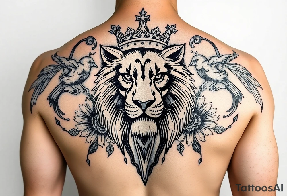 powerful majestic lion with a crown, surrounded by floral ornaments and birds tattoo idea