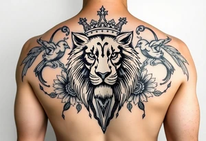 powerful majestic lion with a crown, surrounded by floral ornaments and birds tattoo idea