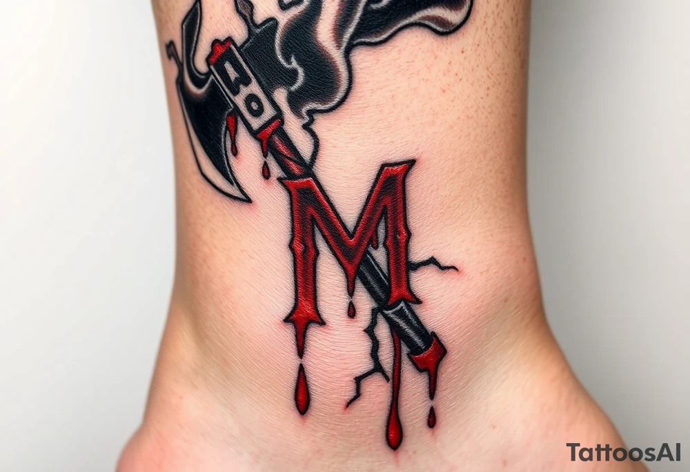A Stylized M In The Shape Of A Deadly Axe Dripping Blood Surrounded A Stylized M In The Shape Of A Deadly Axe Dripping Blood Surrounded