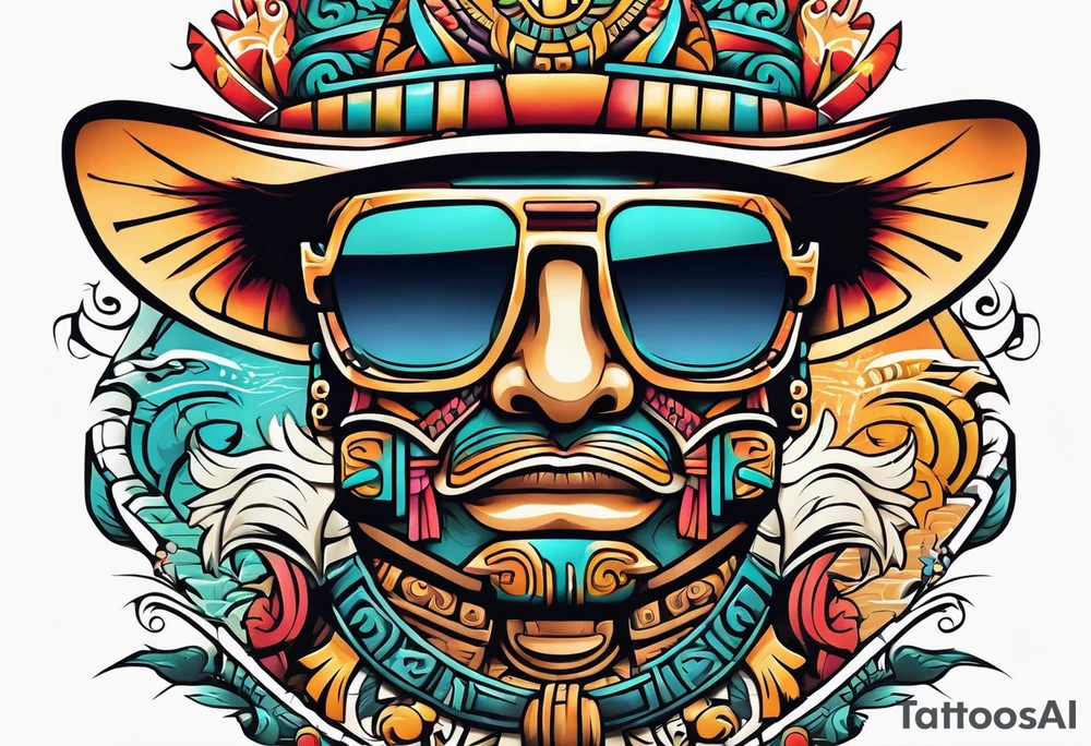 Colorful ancient Mayan hieroglyph wearing sunglasses tattoo idea Colorful ancient Mayan hieroglyph wearing sunglasses tattoo idea