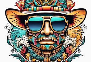 Colorful ancient Mayan hieroglyph wearing sunglasses tattoo idea