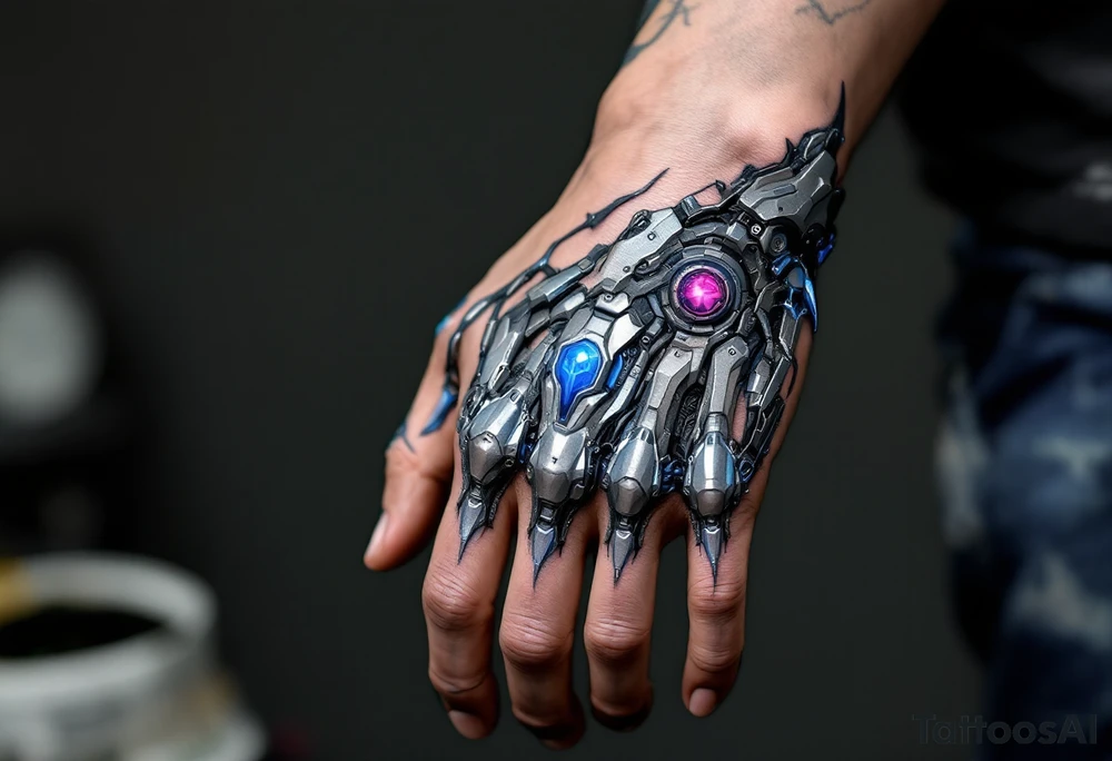A blue and silver exoskeletal structure integrated with the hand’s contours, mimicking robotic dexterity. tattoo idea