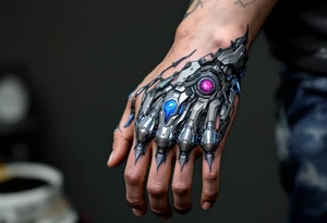 A blue and silver exoskeletal structure integrated with the hand’s contours, mimicking robotic dexterity. tattoo idea