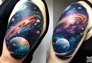 Sleeve tattoo of a galaxy orbiting. tattoo idea