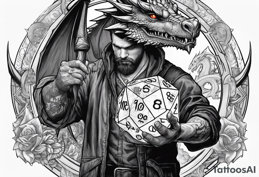 Dungeon Master holding a D20 surrounded by a dragon tattoo idea Dungeon Master holding a D20 surrounded by a dragon tattoo idea