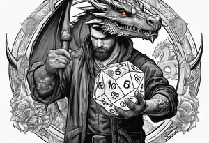 Dungeon Master holding a D20 surrounded by a dragon tattoo idea
