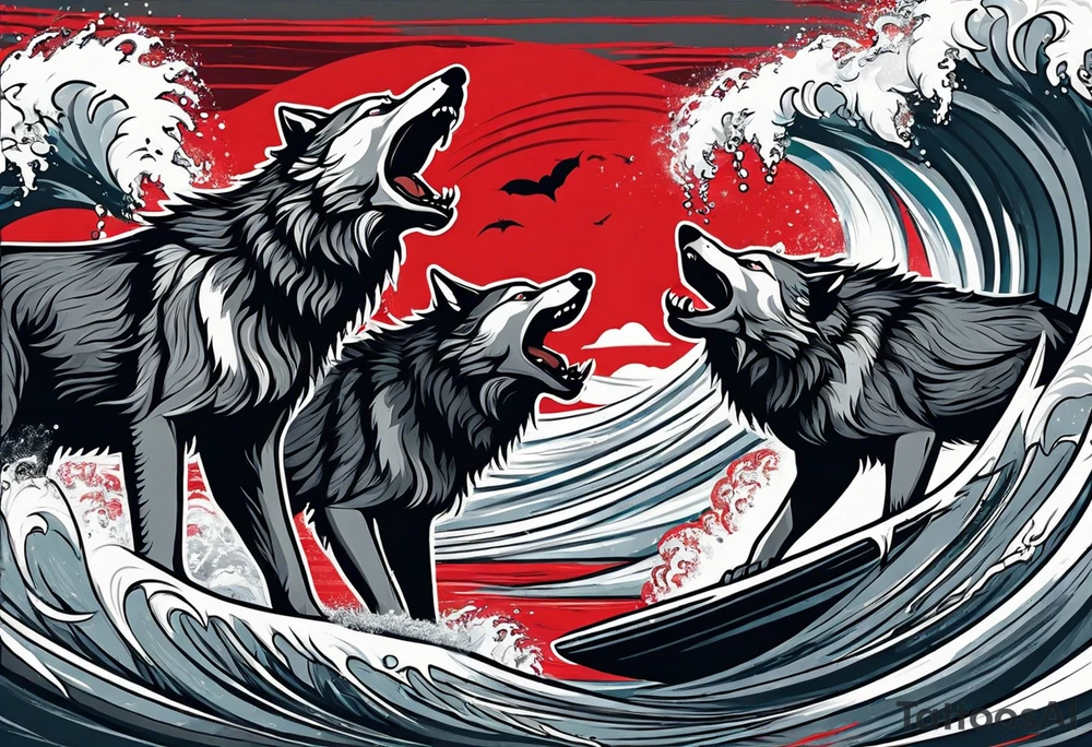 a pack of 3 howling muscular  gray wolves surfing waves with a linear background with red, white and black and gray tattoo idea