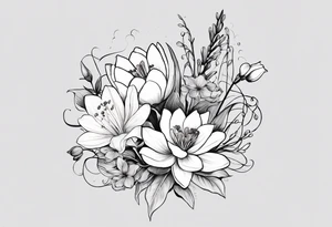 A small, line work bouquet of flowers with a water lily, gladiolus, poppy, lily of the valley, daffodil, and a honey suckle. With long stems and tied with a bow tattoo idea