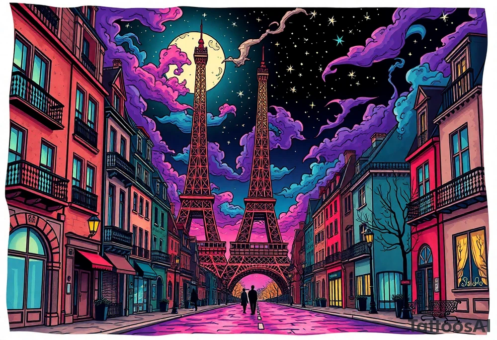 Tim Burton’s paris streets with effel tower from outside view is the street abandoned and dripping with muted reds, dusty pinks, and eerie green glow purple and cyan smokey clouds swirl and dance in the moonlit night sky filled with twinkling stars  tattoo idea tattoo idea