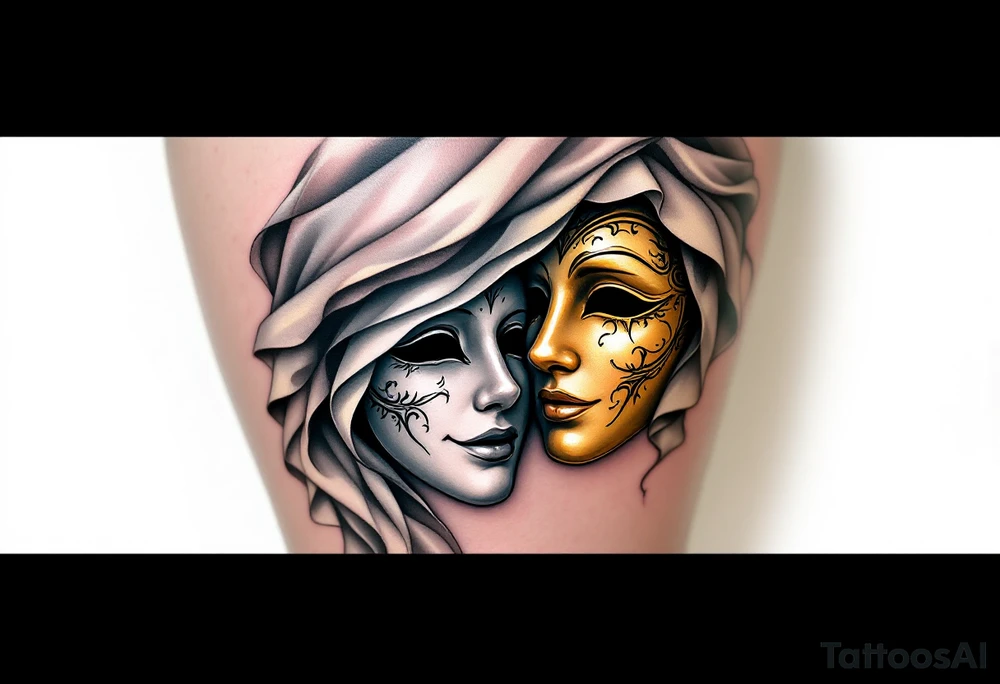 pair of ornate silver and gold theatre masks—one smiling, one crying—partially covered by a flowing, translucent veil. The title is in elegant white calligraphy, giving a mysterious and theatrical feel tattoo idea