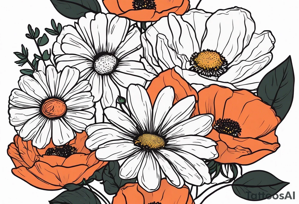 Bouquet of a Daisy, rose and poppy. Masculine. tattoo idea