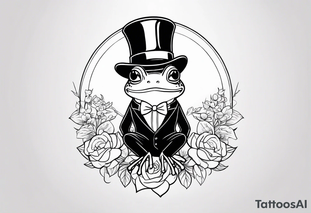 Cute Frog smiling wearing top hat and a suit standing on its Back legs while holding flowers tattoo idea Cute Frog smiling wearing top hat and a suit standing on its Back legs while holding flowers tattoo idea