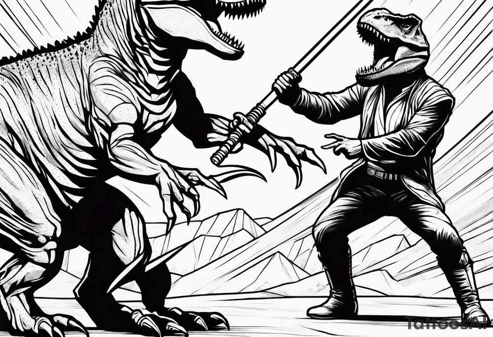 Luke Skywalker and a T-Rex fighting each other with lightsabers tattoo idea