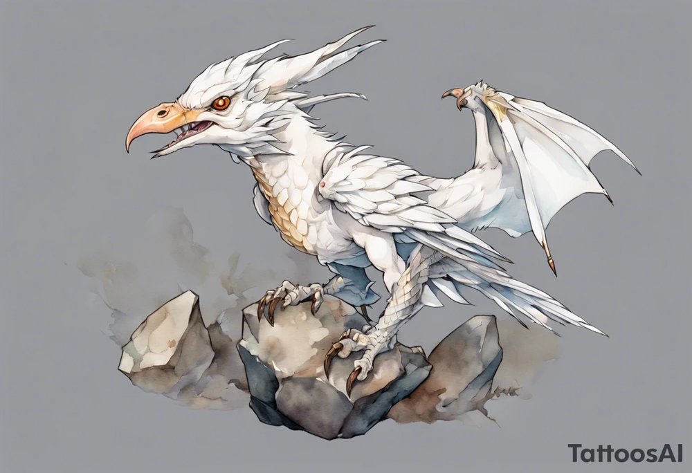 a white bird-wyvern hybrid, wearing an iron collar, perched on a stone tattoo idea