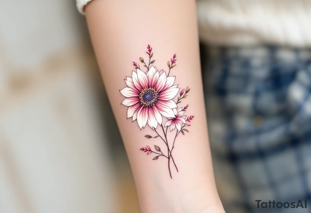 Sunflowers and stargazer lillies in pink and white in a dainty wildflower bouquet with stems tattoo idea