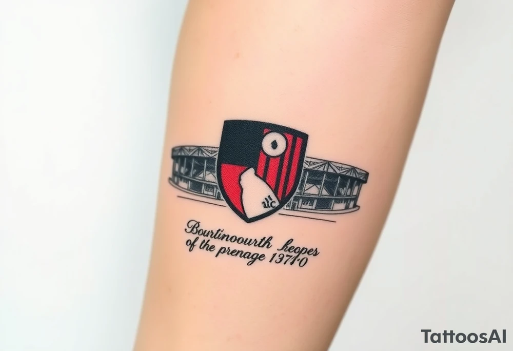 An afc Bournemouth badge fading into the top of the vitality stadium with writing of afc Bournemouth’s journey to the premier league and Steve fletcher celebrating tattoo idea