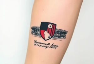 An afc Bournemouth badge fading into the top of the vitality stadium with writing of afc Bournemouth’s journey to the premier league and Steve fletcher celebrating tattoo idea