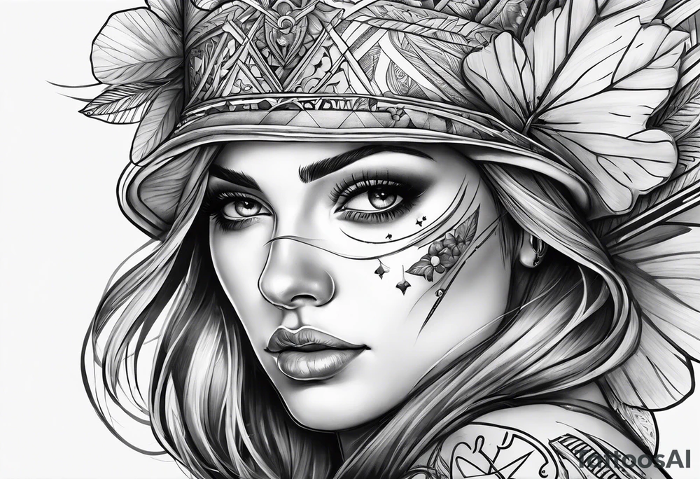 idea of adding buffs to people with this tattoo. using realistic style with arrows and Four Leaf Clover to generating stats of Luck. tattoo idea