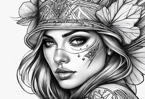 idea of adding buffs to people with this tattoo. using realistic style with arrows and Four Leaf Clover to generating stats of Luck. tattoo idea