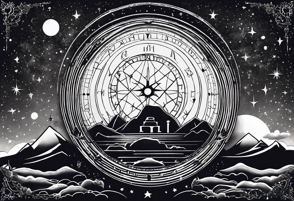 Matter, energy, space, time with an old stone theta symbol and a star-filled night in the background with a Scorpio constellation tattoo idea