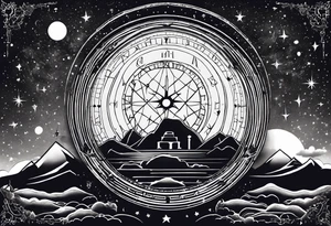 Matter, energy, space, time with an old stone theta symbol and a star-filled night in the background with a Scorpio constellation tattoo idea