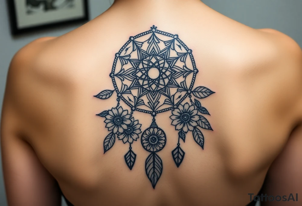 Dreamcatcher with zodiac symbols and protection runes caught in it with tigerlillies roses and sunflowers tattoo idea