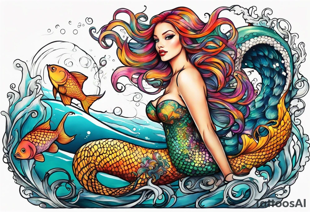 Mermaid with octopus tentacles instead of fish tail pinup style full color tattoo idea
