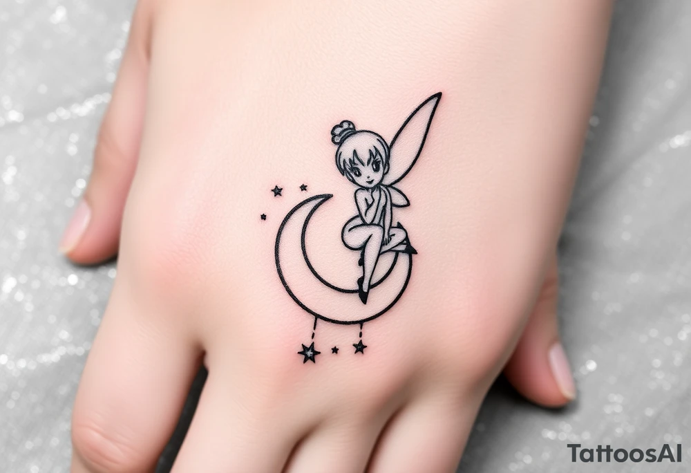 Tinkerbell sitting on a crest moon thrown pixie dust tattoo idea