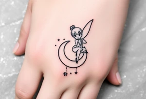 Tinkerbell sitting on a crest moon thrown pixie dust tattoo idea