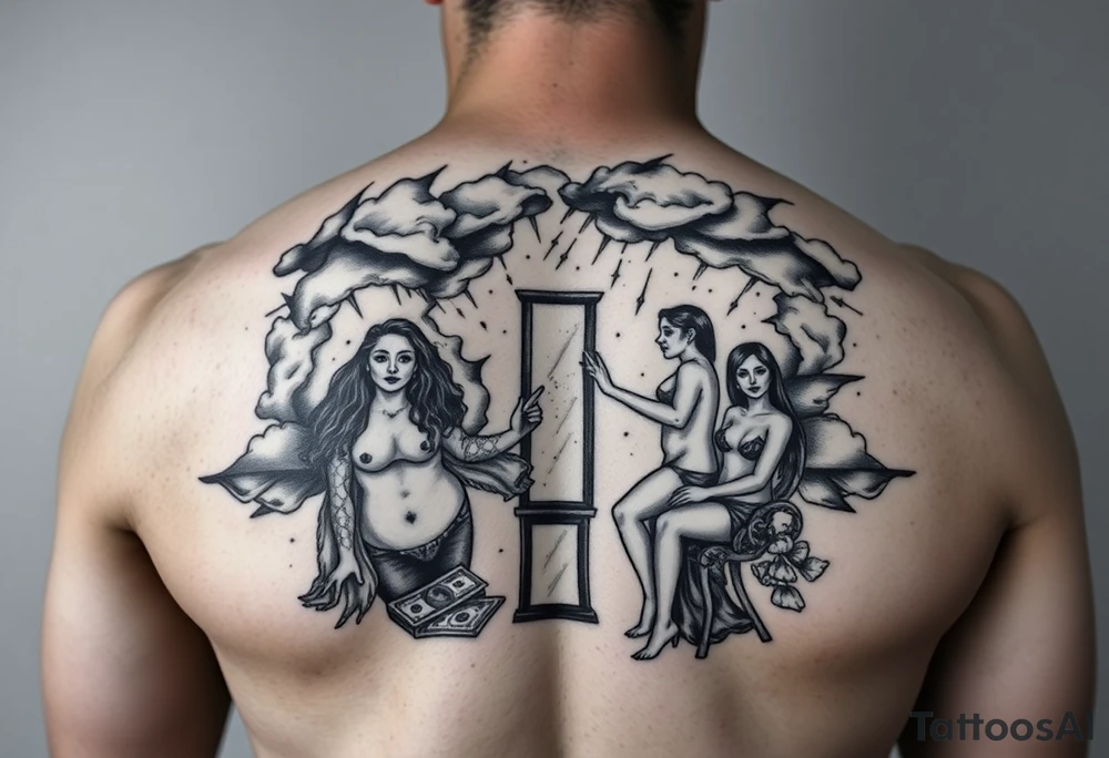 Storm clouds with a fat naked woman and drugs and money and mirror and sexy naked couple lustful with tattoo idea