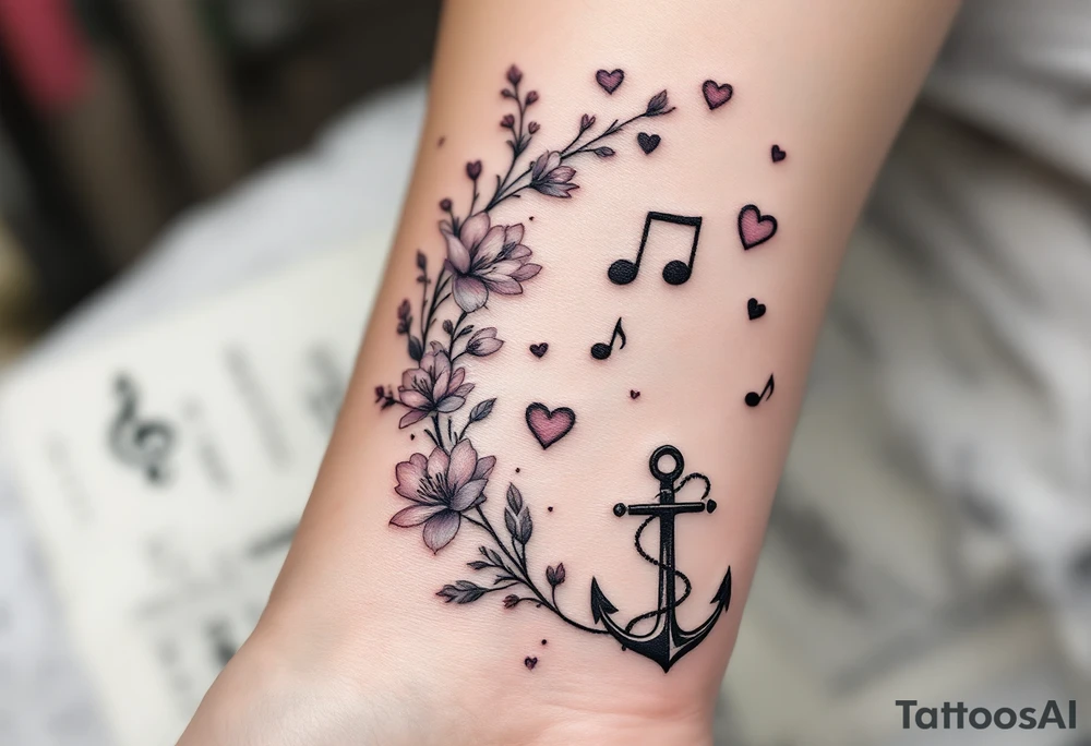 make a qoute sayin "En del av deg for evig tid. 
Pappa 20.12.24"
Surrounded by delicate long blossom gladious, music notes, hearts and an anchor on the lower right side tattoo idea