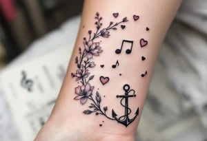 make a qoute sayin "En del av deg for evig tid. 
Pappa 20.12.24"
Surrounded by delicate long blossom gladious, music notes, hearts and an anchor on the lower right side tattoo idea